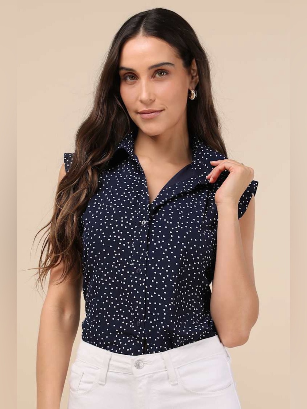 NEW LULUS POLKA DOT COLLARED BUTTON UP TOP